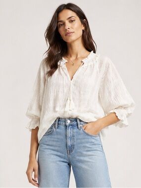 Max Studio Cream Peasant Blouse with Light Blue Wide-Leg Jeans